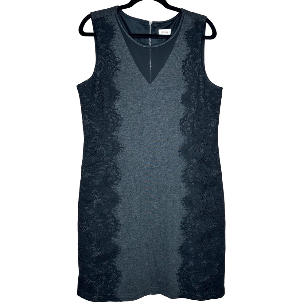 Pixley Women's‎ Sleeveless V-Neck Sheath Dress Gray Black Lace Trim Size L CHIC